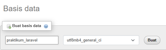 Pembuatan database praktikum_laravel di phpMyAdmin